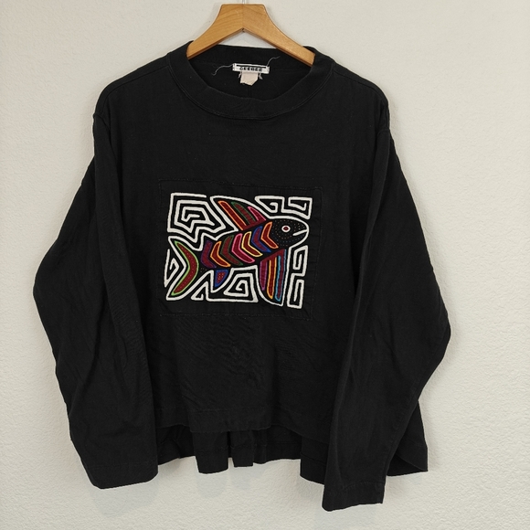 Vintage Mola Art Quilted Embroidered Long Sleeve Shirt Fish Print Size LG - Picture 1 of 11